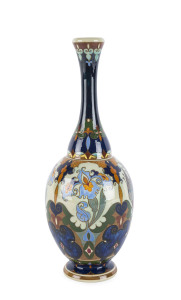 ROZENBURG Dutch Art Nouveau pottery vase with bird and floral motif, circa 1890s, crown and crane make "Rozenburg, Den Haag", 28cm high