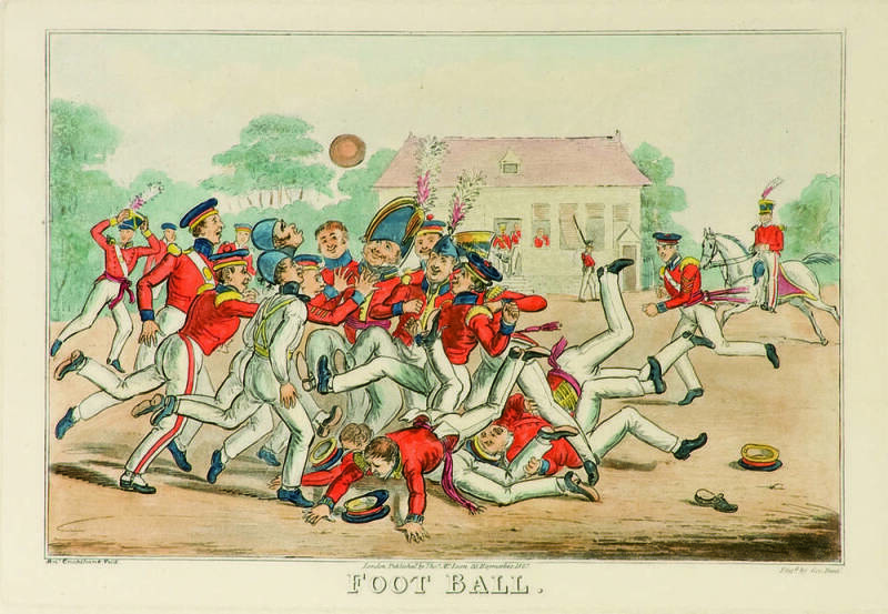 SPORT PRINTS & ENGRAVINGS: "Football", restrike etching (originally drawn by Robert Cruikshank & published in 1827); Prints (5) of 1885 Tennis lithograph by J.Louvy, showing mixed doubles match; c1900 photograph of two young boys with tennis racquets; c19