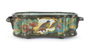 GOUDA Dutch pottery flower trough with bird decoration, circa 1919, with original ceramic insert, rare, signed "197, G ETE. Gouda, Holland", 39cm across the handles