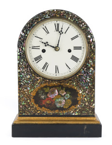 An American 8 day shelf clock, ebonized case inlaid with mother of pearl and hand-painted floral motif, 19th century, ​37cm high