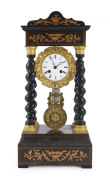 A French portico clock, time and strike, ebonized timber case with gilt metal mounts, 19th century, ​50cm high