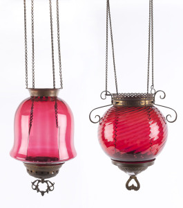 Two Victorian ruby glass ceiling lights, 19th century, the larger 30cm high