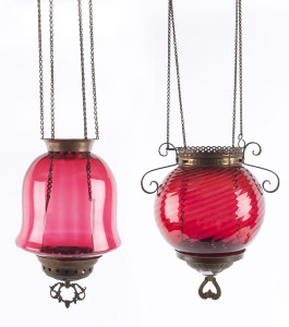 Two Victorian ruby glass ceiling lights, 19th century, ​the larger 30cm high