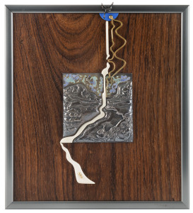 Australian sterling silver, enamel, ivory and 18ct gold landscape sculpture mounted on Queensland black bean panel, late 20th century, stamped "STG. SIL. 18ct" with maker's monogram, 20 x 18cm