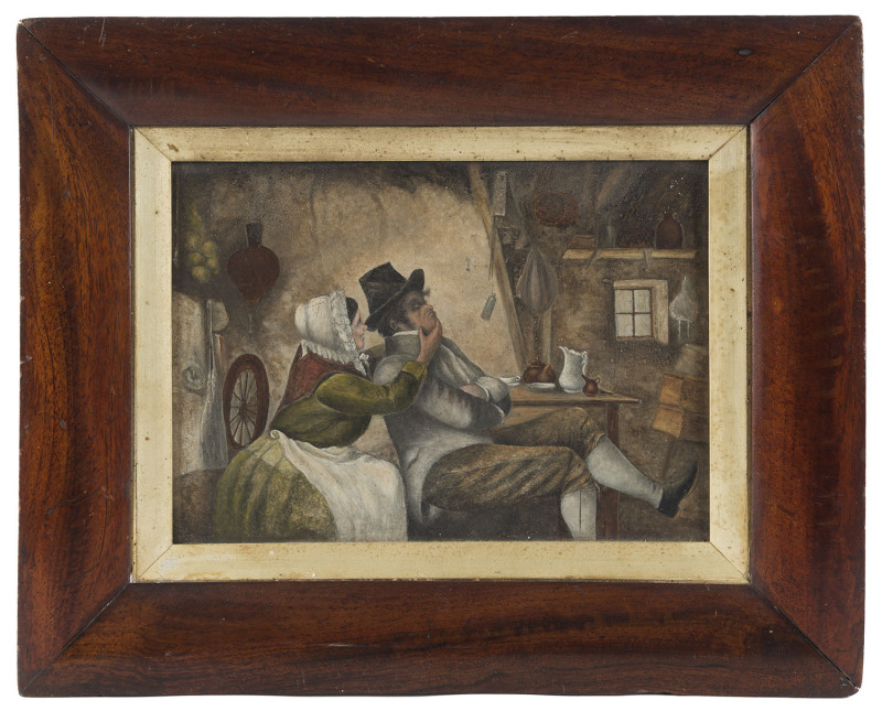 ARTIST UNKNOWN, (19th century), domestic scene, oil on board, 19th century Australian cedar frame with gilt slip mount, 22 x 30cm, frame size 37.5 x 46cm overall