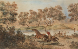 ARTIST UNKNOWN (19th century, Australian), chasing the brumbies, watercolour, 18 x 28cm