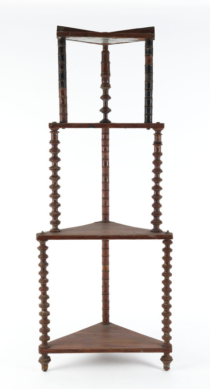 Australian Folk Art depression era cotton reel corner wotnot, circa 1890s, ​124cm high, 48cm wide, 27cm deep