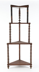 Australian Folk Art depression era cotton reel corner wotnot, circa 1890s, ​124cm high, 48cm wide, 27cm deep