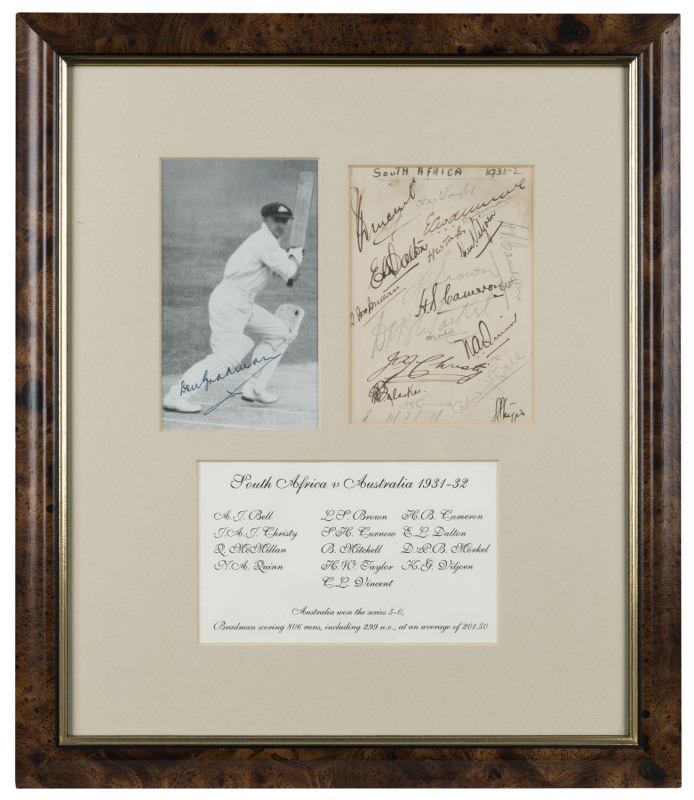 THE SOUTH AFRICAN TEAM IN AUSTRALIA - 1931/32An attractive display comprising of a signed action photograph of Don Bradman, mounted together with an autograph page of the South African tourists with 18 signatures; window mounted with a caption listing the