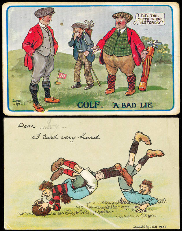 COMIC POSTCARDS: c1905-60s Collection including Rugby (6); Football/Soccer (38) & Golf (11). Includes 5 postcards by Donald McGill. Fair/VG.