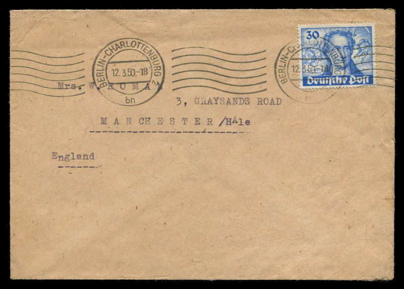 GERMANY - Postal History: GERMANY - Postal History: West Berlin: 1949 30pf von Goethe scarce solo franking tied by Berlin-Charlottenburg machine cancel to 1950 (Mar.12) commercial cover to United Kingdom.