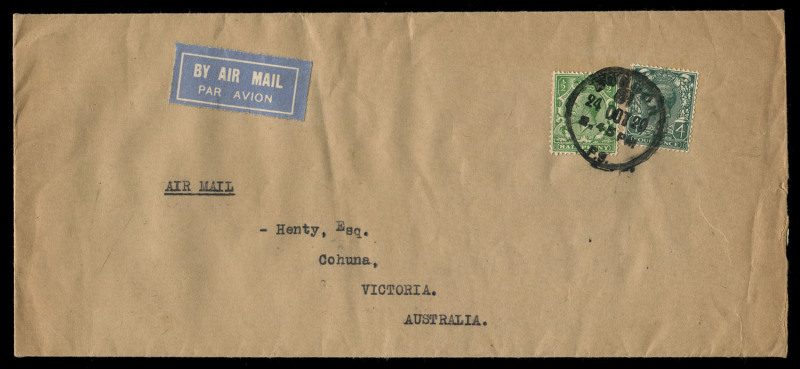 AUSTRALIA: Postal History: 1929 (Oct. 24) Interrupted Mail cover from London to Cohuna Victoria franked 4½d for 1½d Empire rate plus airmail surcharge 3d per oz to Iraq, boarded Oct. 26 on Imperial Airways flight IE31, which was to experience dual aircraf