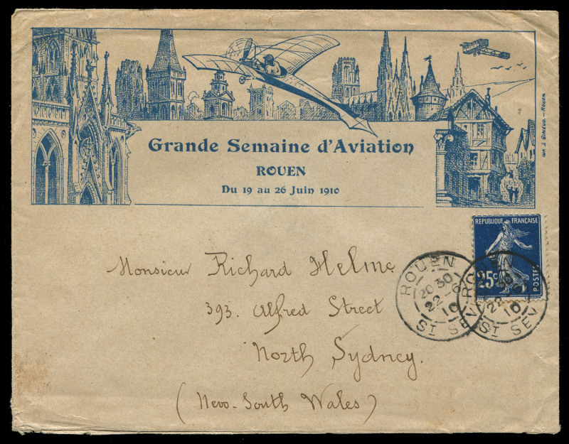 AUSTRALIA: Postal History: 1910 (June 22) Accelerated by Airmail attractive illustrated cover from France to Sydney for "Grande Semaine d'Aviation" ('Grand Week of Aviation') in Rouen, attended by the leading aviators of the day, bearing France 25c tied b