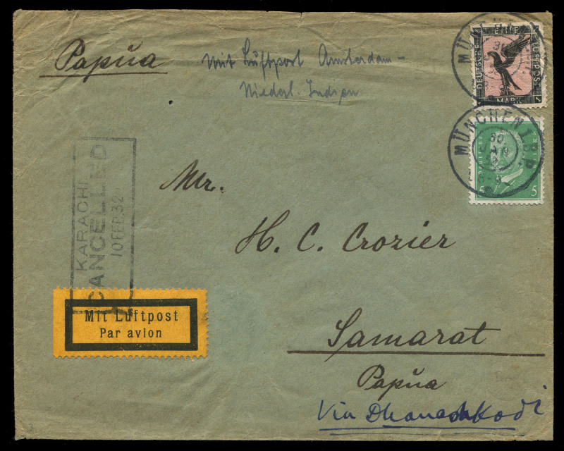 AUSTRALIA: Postal History: 1932-39 inward airmail covers from Germany to Australasia including 1932 Munich to Papua bearing 1926 Air 1m and 5pf endorsed for airmail Amsterdam-Medan, 1Rm05 franking, 'Mit Luftpost' etiquette ovestamped with 'KARACHI/CANCELL
