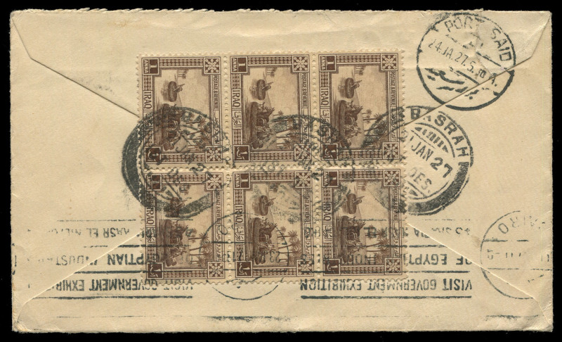 AUSTRALIA: Postal History: 1927-44 inwards airmail covers to Australasia from Middle East with IRAQ airmail accelerated 1927 cover for Imperial Airways Basrah-Cairo airmail service to Mt Duneed Victoria, bearing British Occ. 1a block of six tied by Basra