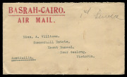 AUSTRALIA: Postal History: 1927-44 inwards airmail covers to Australasia from Middle East with IRAQ airmail accelerated 1927 cover for Imperial Airways Basrah-Cairo airmail service to Mt Duneed Victoria, bearing British Occ. 1a block of six tied by Basra - 2
