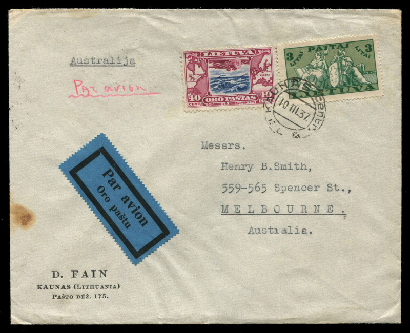 AUSTRALIA: Postal History: 1937-40 inwards airmail covers to Australia from Baltic States or Eastern Europe with LITHUANIA 1937-38 D. Fain (Kaunas) covers to Henry B Smith Melbourne, varying compositions for 3L40 rate, two types of 'Par avion' etiquette,