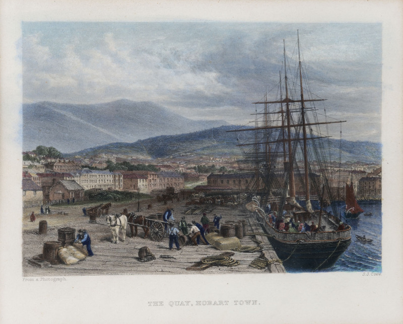 JOHN SKINNER PROUT (1805-1876), I.) Diggers On The Road To A Rush, II.) Night Scene In The Diggings, JAMES CHARLES ARMYTAGE (1820-1897), III.) Concordia Gold Mines, J.J. CREW (engraver), IV.) The Quay Hobart Town, coloured engravings, 17 x 20cm each