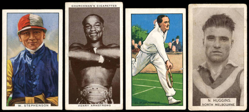SPORTS CARDS: c1933-38 collection in album, noted 1938 Churchman "Boxing Personalities" [50]; 1930 Godfrey Phillips "Lawn Tennis" [25]; 1936 Players "Tennis" [50]; 1936 Gallaher "Famous Jockeys" [48]; 1935 Gallaher "Champions, 2nd Series" [48]; also footb