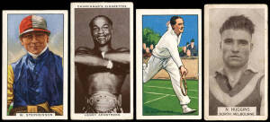 SPORTS CARDS: c1933-38 collection in album, noted 1938 Churchman "Boxing Personalities" [50]; 1930 Godfrey Phillips "Lawn Tennis" [25]; 1936 Players "Tennis" [50]; 1936 Gallaher "Famous Jockeys" [48]; 1935 Gallaher "Champions, 2nd Series" [48]; also footb