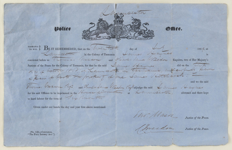 JAMES HAYNES of Launceston six months conviction for unlawfully obtaining a pair of boots, Police Office document, 20th July, 1869, signed by Justice of the Peace THOMAS MASON and CHARLES JAMES WEEDON. Single page blue paper document. sheet size 21.5 x 33