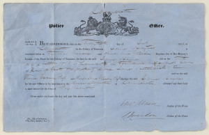 JAMES HAYNES of Launceston six months conviction for unlawfully obtaining a pair of boots, Police Office document, 20th July, 1869, signed by Justice of the Peace THOMAS MASON and CHARLES JAMES WEEDON. Single page blue paper document. sheet size 21.5 x 33
