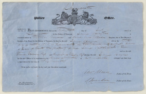 JAMES HAYNES of Launceston six months conviction for unlawfully obtaining a pair of boots, Police Office document, 20th July, 1869, signed by Justice of the Peace THOMAS MASON and CHARLES JAMES WEEDON. Single page blue paper document. sheet size 21.5 x 33.5cm,