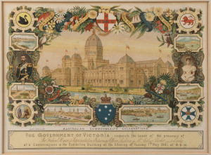 FEDERATION Australian Commonwealth Celebration Government of Victoria illuminated invitation to Mr ARTHUR PARKER and Lady, Tuesday 7th of May, 1901 (21 x 28cm). Together with an associated thank you letter from the Government of Victoria, 18th Sept. 1899, (31 x 21cm). Both framed and glazed.