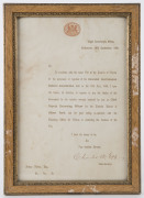 FEDERATION Australian Commonwealth Celebration Government of Victoria illuminated invitation to Mr ARTHUR PARKER and Lady, Tuesday 7th of May, 1901 (21 x 28cm). Together with an associated thank you letter from the Government of Victoria, ​18th Sept. 1899 - 2