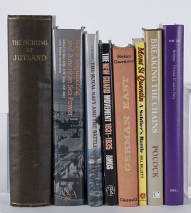 MILITARY TITLES: selection of titles incl. "The Fighting at Jutland" (c.1920, scarce), "Naval Engineering and American Sea Power", "Breaking the Chains - The Royal Navy's War on Slavery" by Pocock, "Christian IV and his Navy" by Bellamy, "Royal Navy and the Battle of Britain" & "German East - First World in East Africa" by Gardner, plus three others titles. (8)