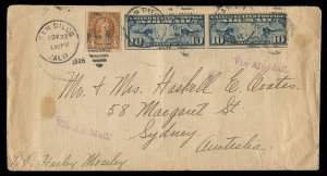 AUSTRALIA: Postal History: 1920s-30s inwards airmail cover to Australia from Americas or Caribbean with BRAZIL: 1936 (Sep 9) General Electric cover Rio de Janeiro to Sydney franked 12,500r showing handstruck 'SERVICO AEREO TRANSOCEANICO/CONDOR/ZEPPELIN/LUFTHANSA/BRASIL-EUROPA', carried by Graf Zeppelin to Germany (Sep 13 flight), where airship service terminated, subsequently at Paris (Sep 17) to join with Imperial Airways service (flight IE480),