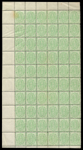 AUSTRALIA: Postage Dues: 1906-08 (SG.D45) Crown/A ½d green, Perf.11½,12 Compound With 11 BW:D46, complete left pane of 60 units (6x10), selvedge intact on 3 sides, toning on upper-left unit only, very MUH overall, Cat. $1800++. Rare survivor.