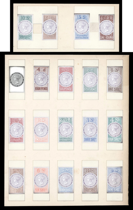 NEW SOUTH WALES: Revenues: REVENUES: 1865 QV long type 4d to £1 complete set of 18 bicoloured die proofs in unadopted colours - plus of the master die (in black) - reduced to stamp-size & affixed in "windows" framed on card 188x228mm or - for the 10/- to