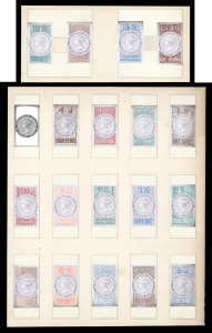 NEW SOUTH WALES: Revenues: REVENUES: 1865 QV long type 4d to £1 complete set of 18 bicoloured die proofs in unadopted colours - plus of the master die (in black) - reduced to stamp-size & affixed in "windows" framed on card 188x228mm or - for the 10/- to 