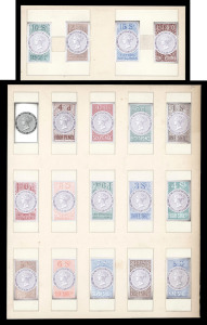NEW SOUTH WALES: Revenues: REVENUES: 1865 QV long type 4d to £1 complete set of 18 bicoloured die proofs in unadopted colours - plus of the master die (in black) - reduced to stamp-size & affixed in "windows" framed on card 188x228mm or - for the 10/- to £1 - 160x73mm. A unique and delightful set. Ex Charles & Francis Kiddle.