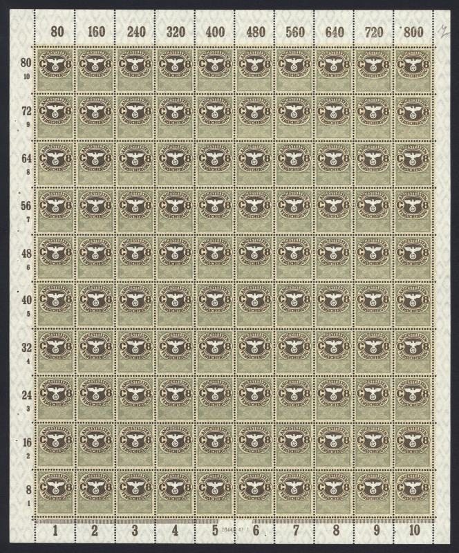 GERMANY: 1930s-40s Third Reich related selection with 1941 Employee Insurance Stamps set of 3 in complete sheets of 100 with sheet margin imprints intact, WWII uncancelled bond certificates (3), Socialist Party Invalidenvers stamps sheets of 100 (2) and