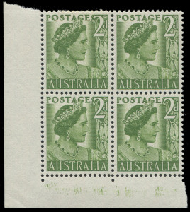 AUSTRALIA: Other Pre-Decimals: 1937-49 KGVI Watermarked No Imprint corner blocks of 4 selection comprising 2d QE with Burnishing marks, 4d Koala x2 (one a gutter block), 6d Kooka P14¾x14, 9d Platypus, 1/- Lyrebird, 2/- Crocodile & 2/6d Aborigine, plus 5/- Arms pair, lower units in blocks MUH, Cat.$1100+.