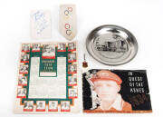 SPORT GROUP, noted Olympics tie; 1947 "England's Test Team" Calendar; 1930s-40s cricket cards (11); St.Kilda CC member's badge for 1965; MCC plate; "In Quest of the Ashes 1934";  range of autographs (mainly Footscray players). Fair/G.