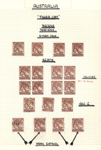 AUSTRALIA: Other Pre-Decimals: 1962-65 & 1966-69 specialist used collections with focus on Helecon/Non-Helecon paper types & varieties incl. 8d Tiger Cat "Weak Entries" (4), 1962 5d Inland Mission numerous annotated varieties, 5d Churchill "Retouch below 'STR'" within corner block of 6, decimals with 1966 QEII low denomination definitives with retouches/flaws; also a copy of "Australia Decimal Varieties" (1966-73 era) by McCleary. (100s)