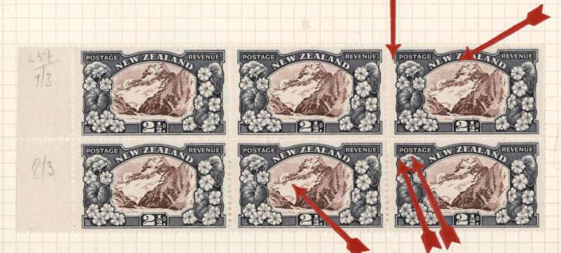 NEW ZEALAND: NEW ZEALAND: 1936-42 Pictorials (SG.581) 2½d red-brown & blue-slate array in stockbook including Perf.14x13½ Plate 4 CP.Lf(4)e corner blocks of 4 (3) one block (corner crease upper-right unit) with Burele Band in lower selvedge, also blocks