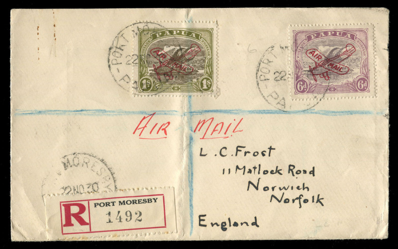 1930 (SG.117) 1/- AIR MAIL Aeroplane overprint Harrison Printing with OVERPRINT IN DEEP CARMINE, on 1930 Port Moresby registered cover to England; included for comparison is an Ash printing 1/- on cover with the normal carmine overprint. [Only ten sheets