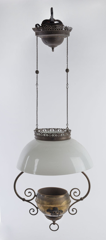 A Victorian adjustable hanging oil lamp, brass with milk glass shade, 19th century, ​70cm high