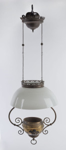 A Victorian adjustable hanging oil lamp, brass with milk glass shade, 19th century, 70cm high