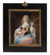 PHILIP JEAN (British 1755-1802): Miniature portrait of a seated lady playing guitar, signed and dated lower right "P.Jean, pinx, 1794", housed in ebonized frame, ​painting 15 x 12.5 cm. - 2