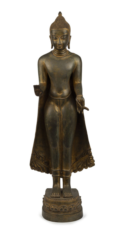 An antique Thai standing Buddha, gilt bronze, with C.O.A. ​90cm high