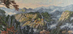 ARTIST UNKNOWN (Chinese school, 20th century), pair of Chinese landscapes, watercolour, signed lower right and left, the larger 64 x 132cm