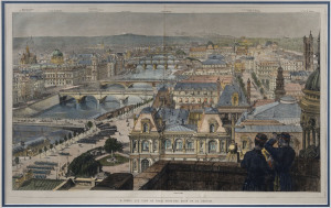 Two hand-coloured lithographic views of Paris, framed and mounted, 35 x53cm and 21 x 42cm