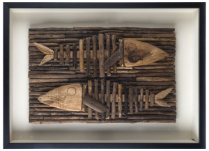 A driftwood artwork, 20th century, framed and mounted, ​65 x 86cm overall