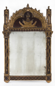 A Georgian mirror with embossed and painted frame with gilded highlights, circa 1800, 71 x 43cm