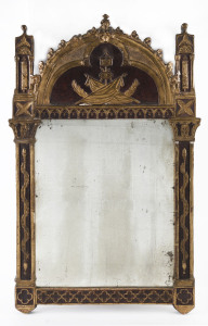 A Georgian mirror with embossed and painted frame with gilded highlights, circa 1800, ​71 x 43cm